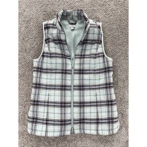J.Jill‎ Flannel Puffer Vest Womens XS Green Plaid 2-Way Zip Cotton Fleece Lined